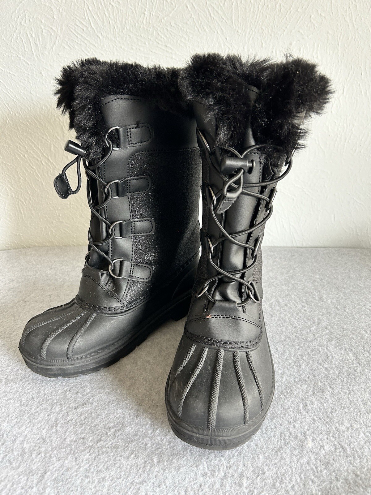 Cat & Jack Thermolite Black Sparkle Winter Boots Size 1 With Faux Fur