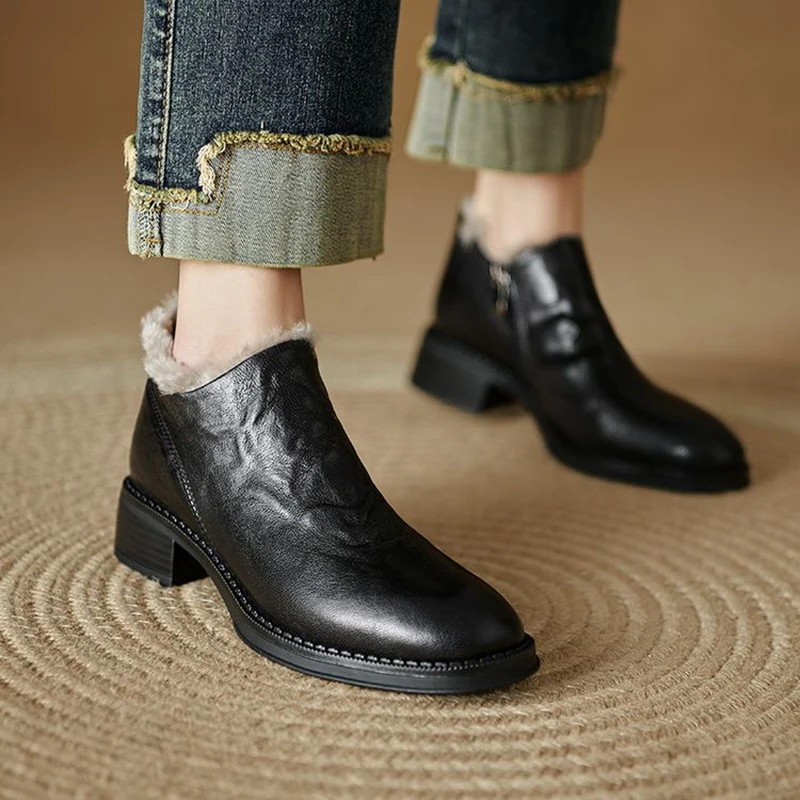 Winter Women Boots Leather Shoes Round Toe Chunky Heel Shoes Warm Ankle Boots
