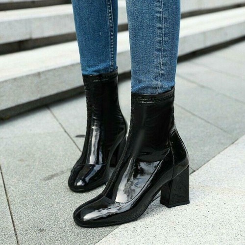 Women’s Chelsea Ankle Boot Patent Leather Shoes Mid Block Heel Knight Waterproof