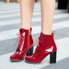 Plus Size 32-50 Ankle Boots Lace up High Block Heel Patent Leather Women Boots