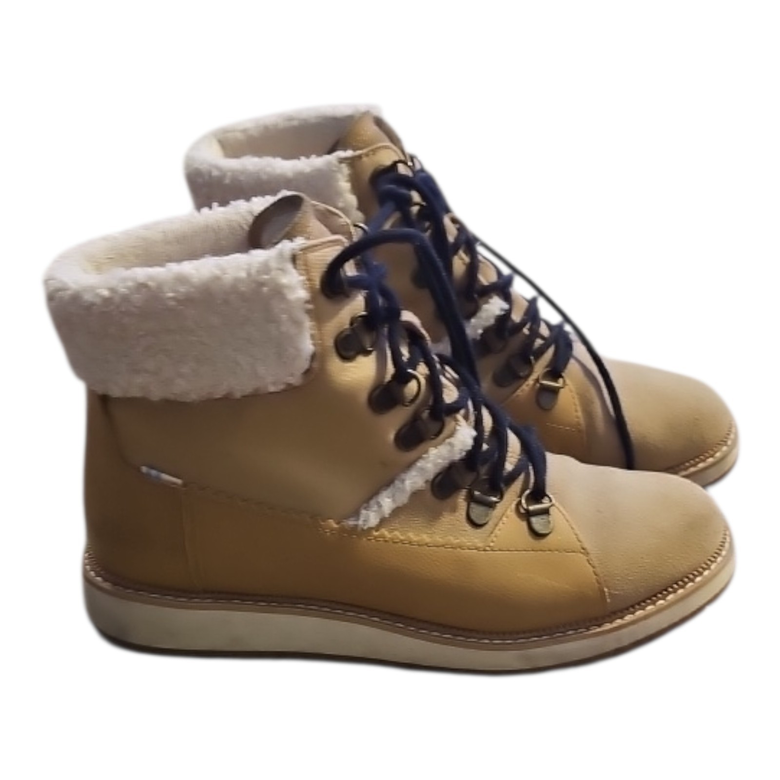 TOMS Women Winter Boots Shearling Lined Leather Tan Lace-Up US 7.5