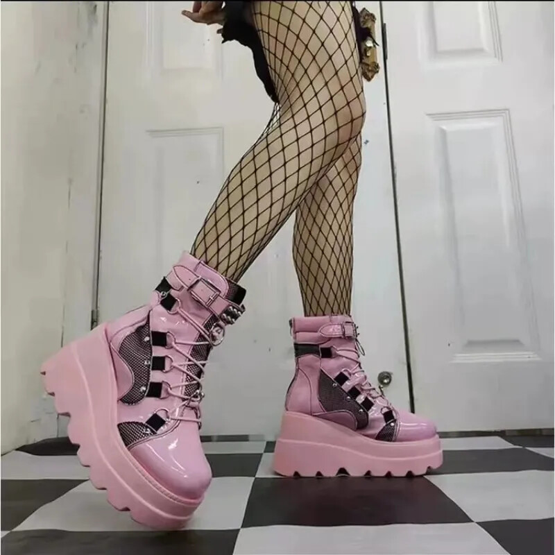 Pink Punk Boots Zipper Platform Chunky High Heel Ankle Boot Ladies Cool Wedge