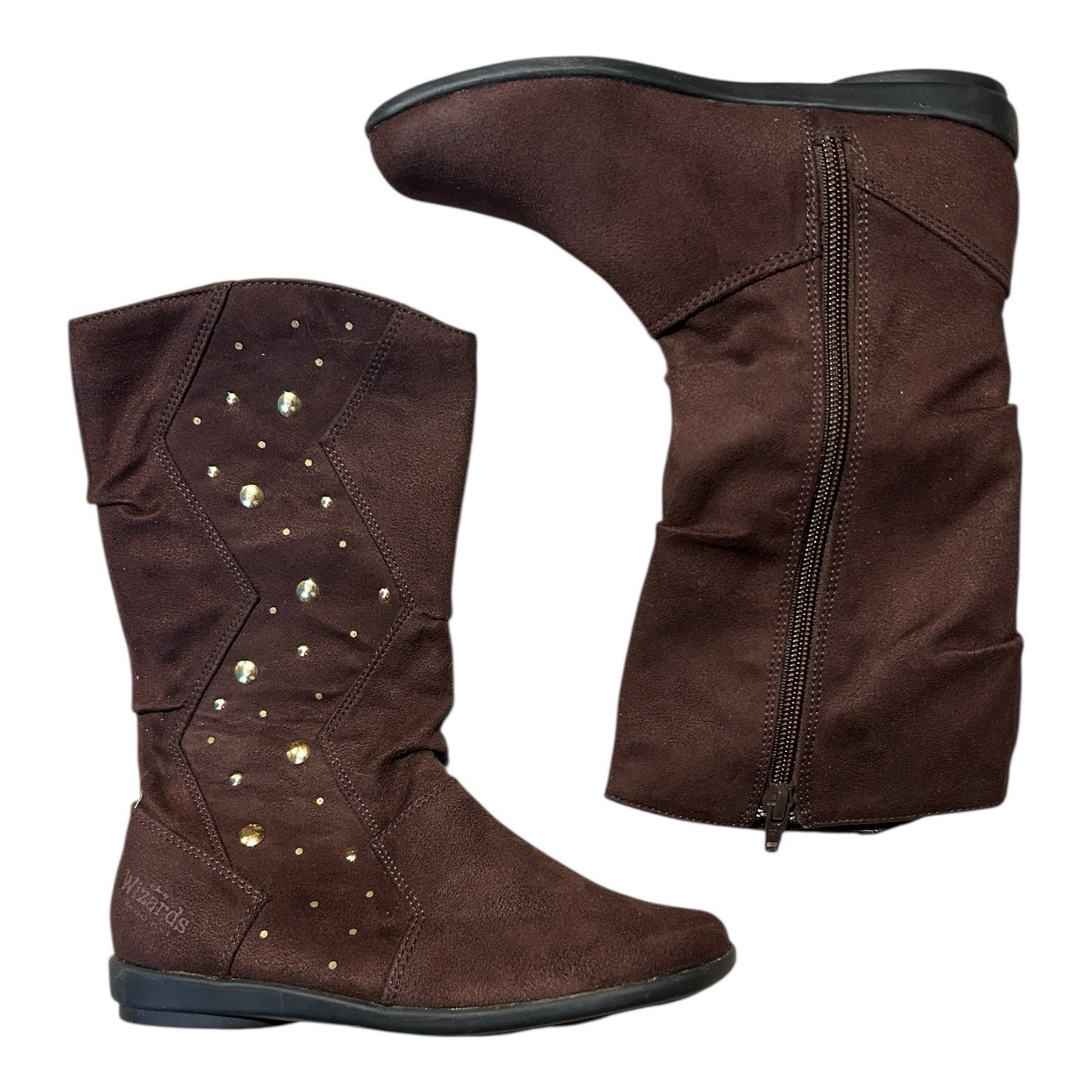 Disney WIZARDS of WAVERLY PLACE Girls Boots 12.5 Brown Gold Studded Mid Calf Y2K