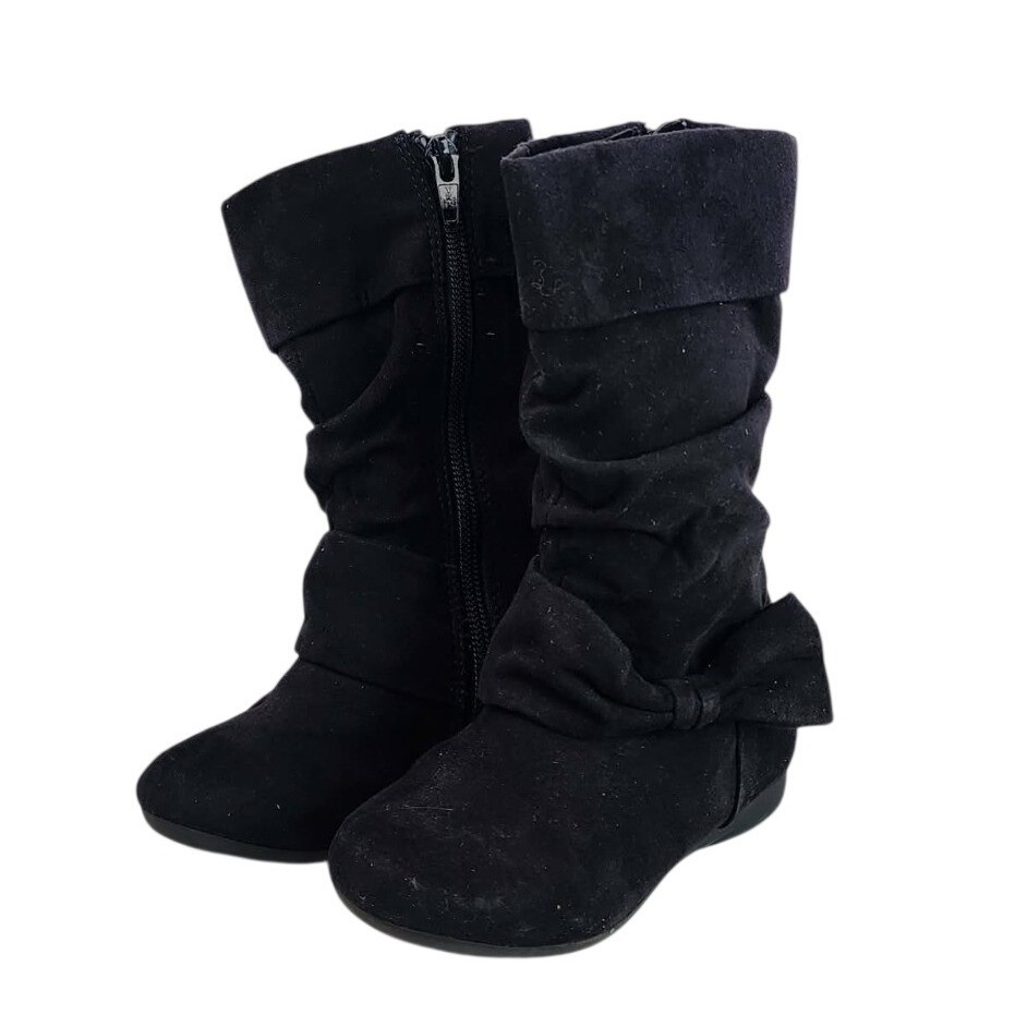 Kids Black Slouch Boots Bow Side Zipper Ankle Flat Heel Size 7M