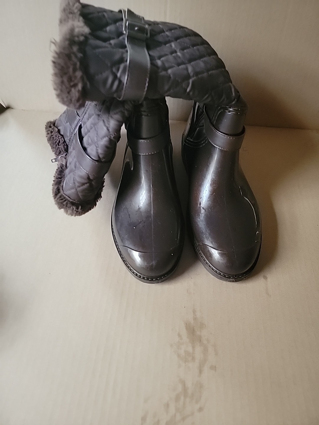 BAMBOO RAIN WOMEN BOOTS RUBBER/FAUX FUR ZIP UP SIZE 8 BROWN