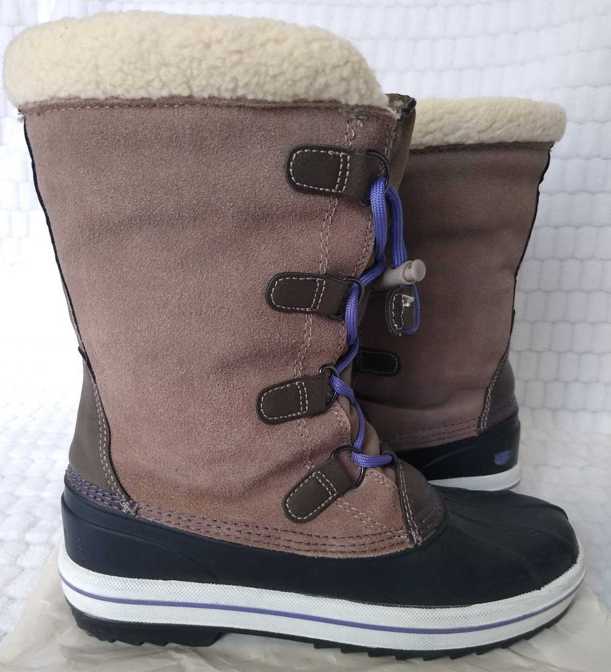 Girls Boots Winter Faux Suede Leather Sherpa Rubber Blue Brown with Laces 5