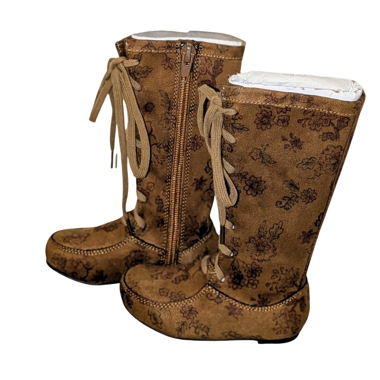 joyfolie Girls Brown Floral Print Lace Up Side Zip Tall Boots Size Toddler 5 NEW