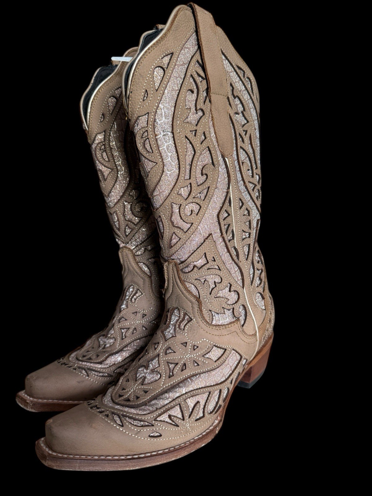 VTG JB DILLON WOMEN BOOTS 7 B COWBOY SPARKLE CROC INLAY SNIP TOE TAN BROWN