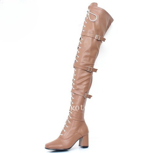 Women Boots Retro High Heel Over-The-Knee Square Toe Lace-up Zip Party Shoes
