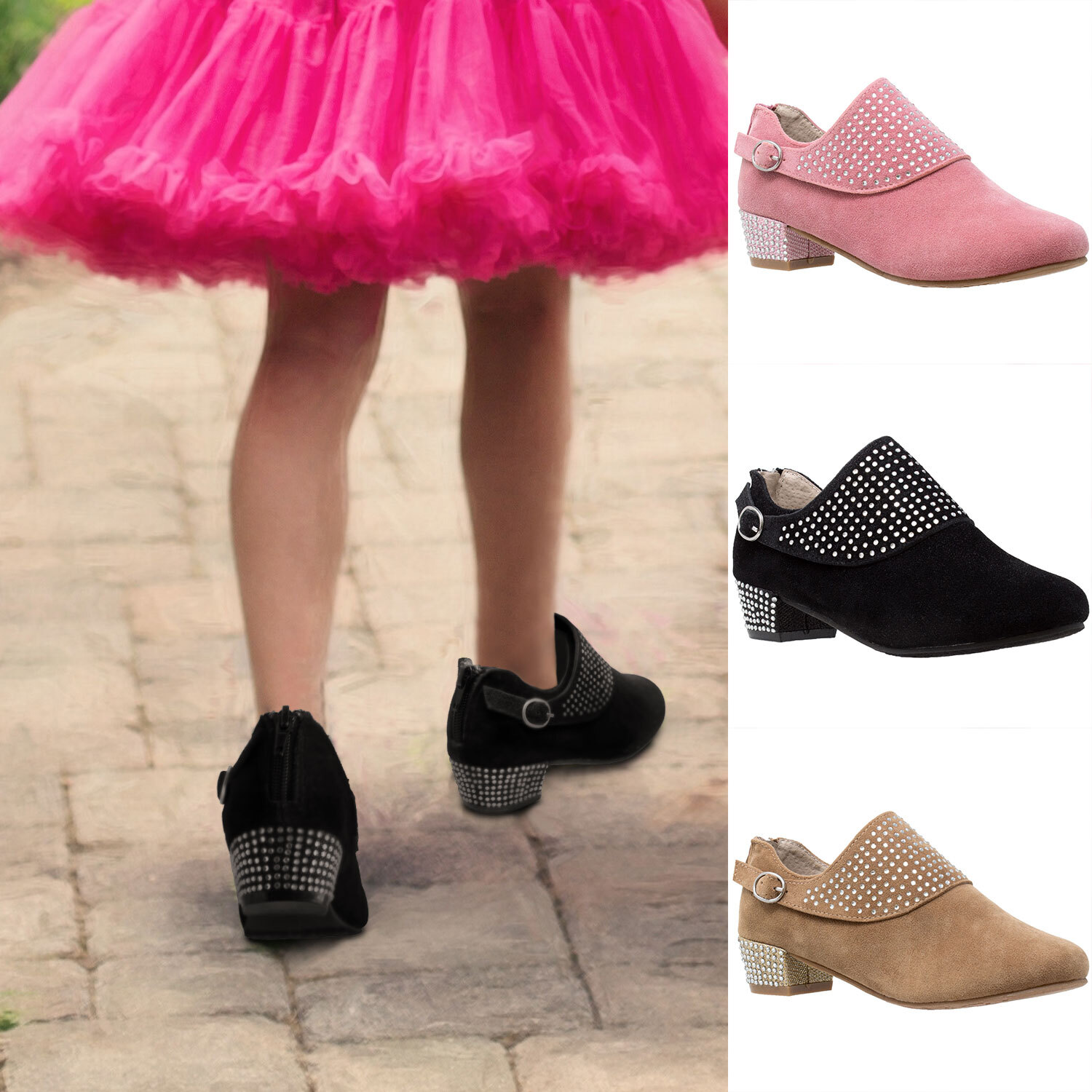 SOBEYO Girls KIds Ankle Booties Leather Lining Insole Rhinestone Crystal Heels