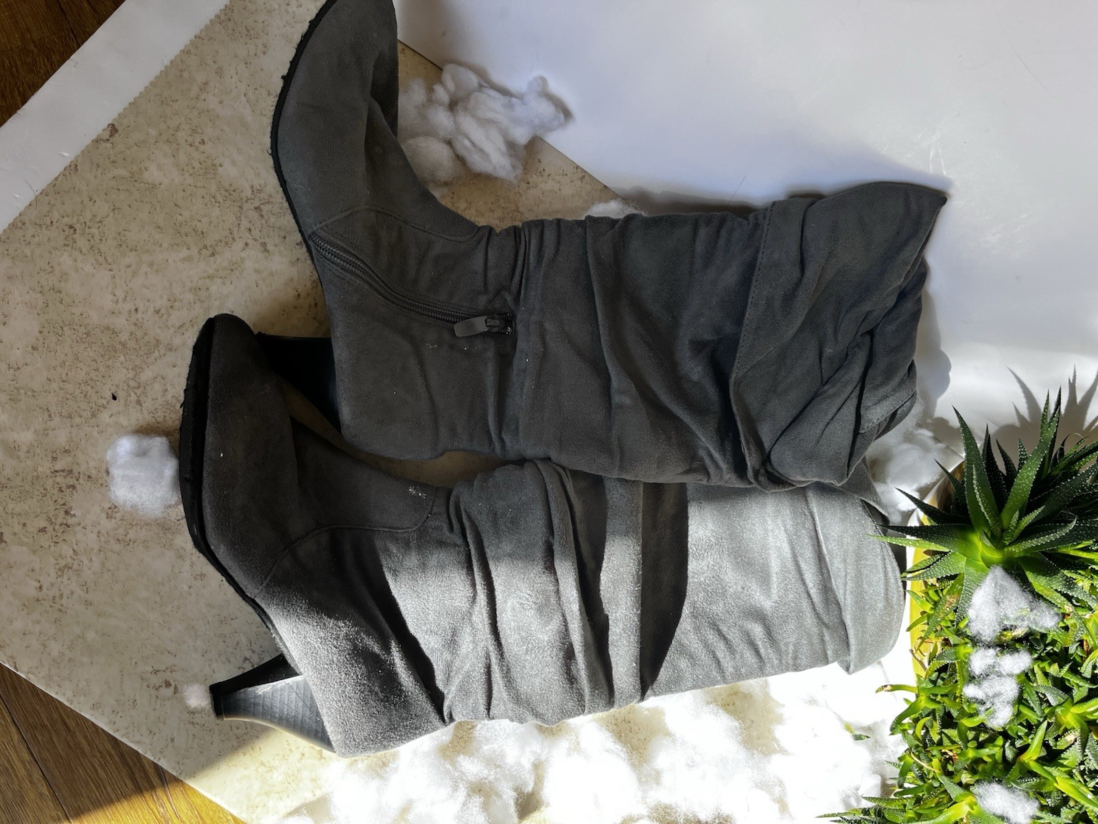 🤍❄️ Gray Suede Slouch Mid-Calf Boots with Heel