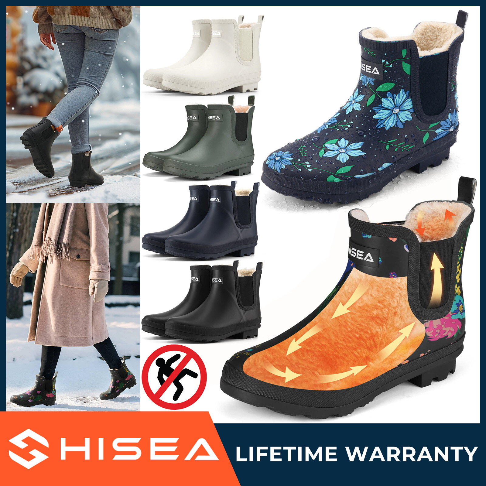 HISEA Women Rubber Rain Boots Fur Lined Waterproof Ankle Garden Chelsea Wellies