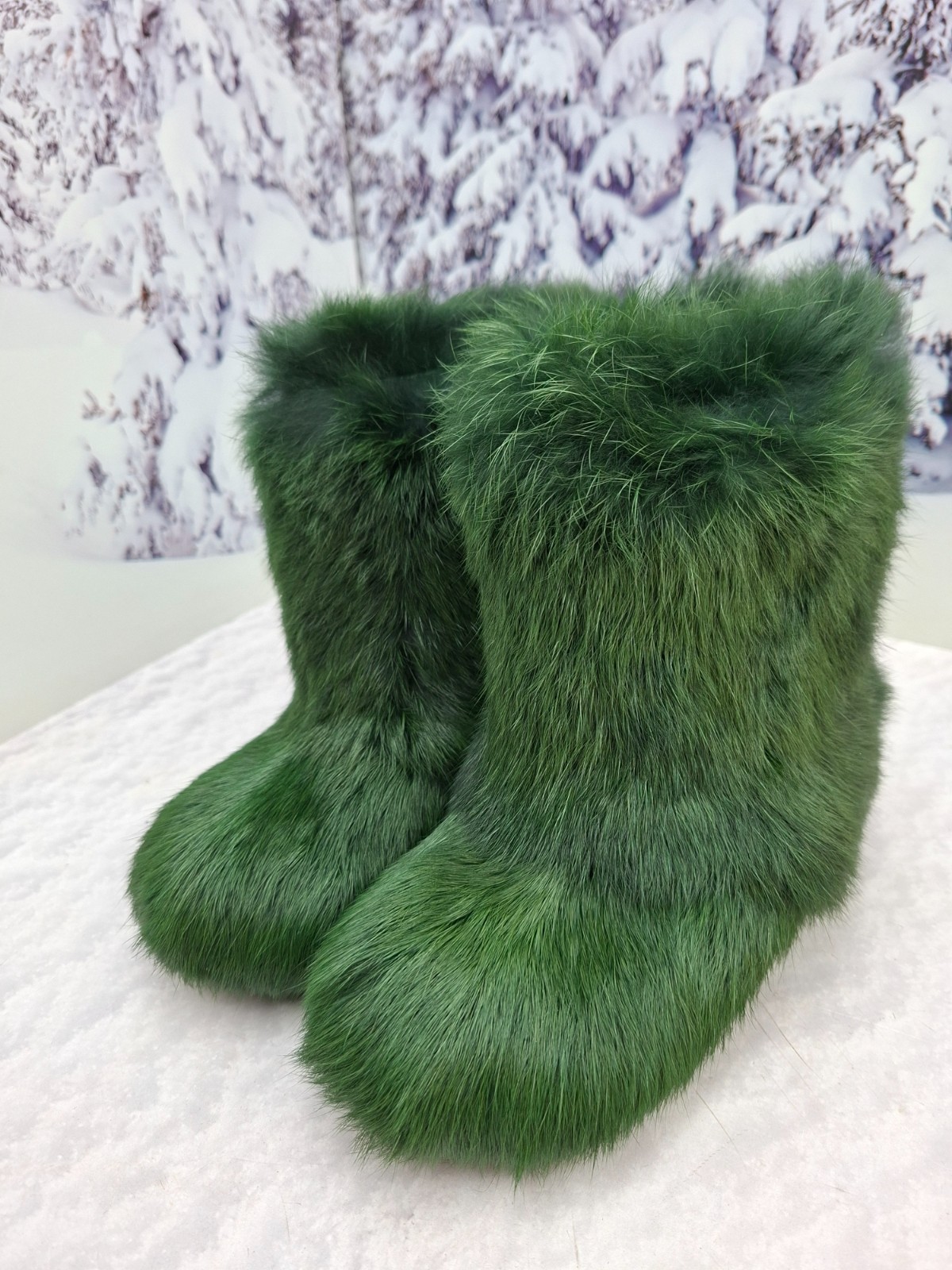 30 EU Green kids fur winter boots cozy soft rabbit fur youth boots, girls boots