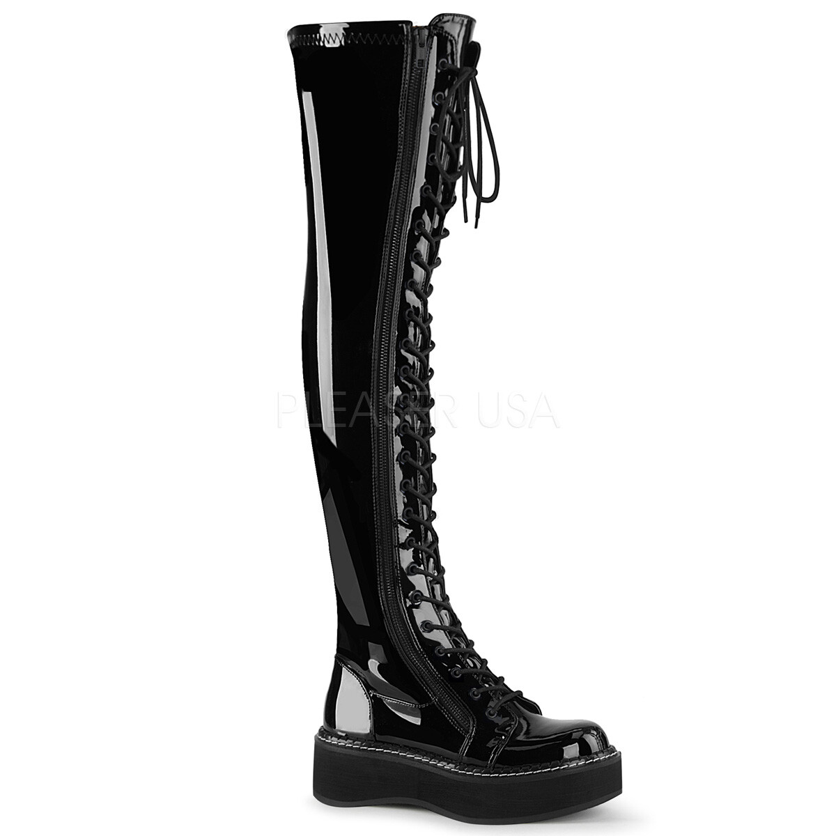 DEMONIA EMI375/B 2″ Platform Stretch Lace Up Black Thigh High Women Boots