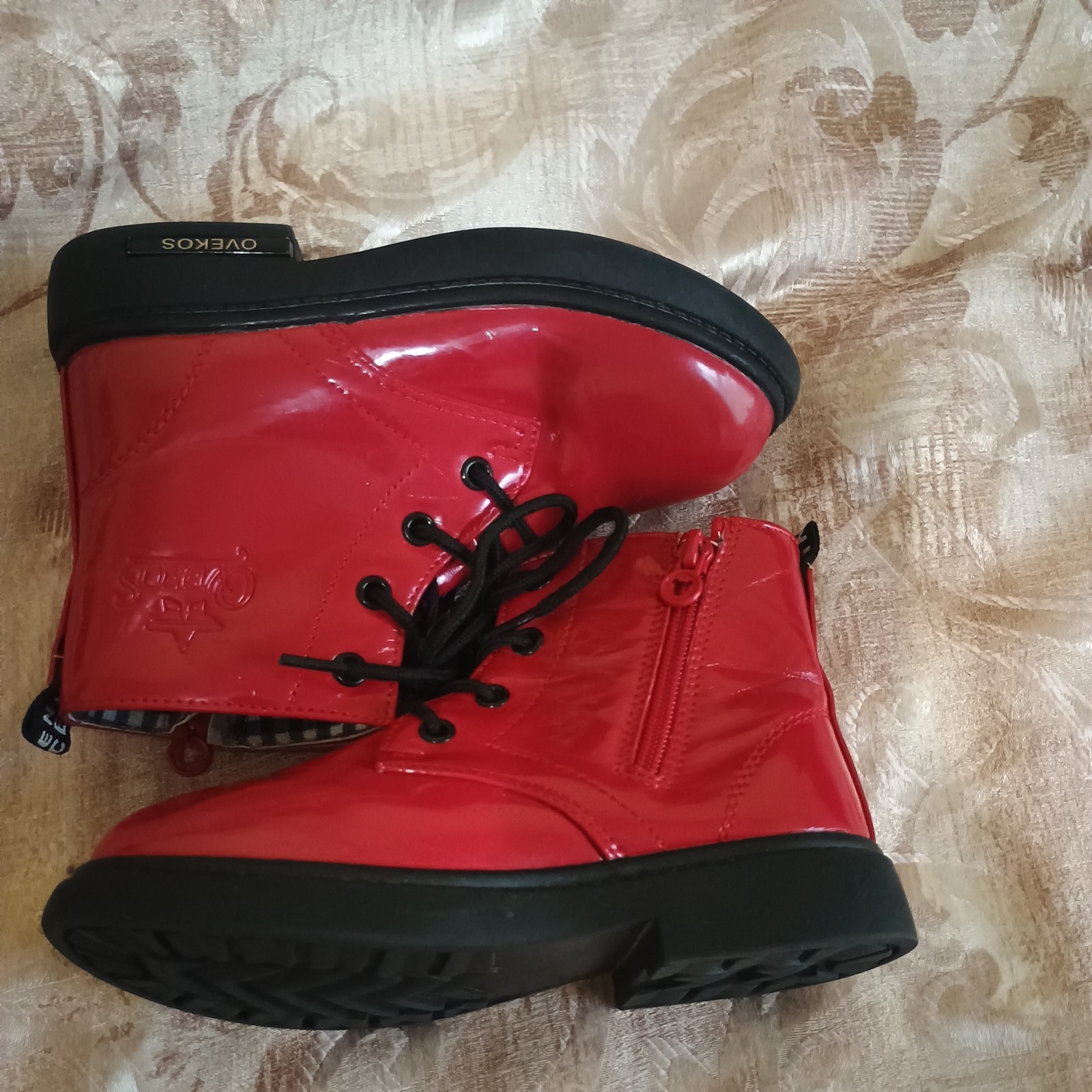 Ovekos Girls Boots 12.5 Red Lace Up Lined Casual Fit Comfort Ankle Bootie Shoes