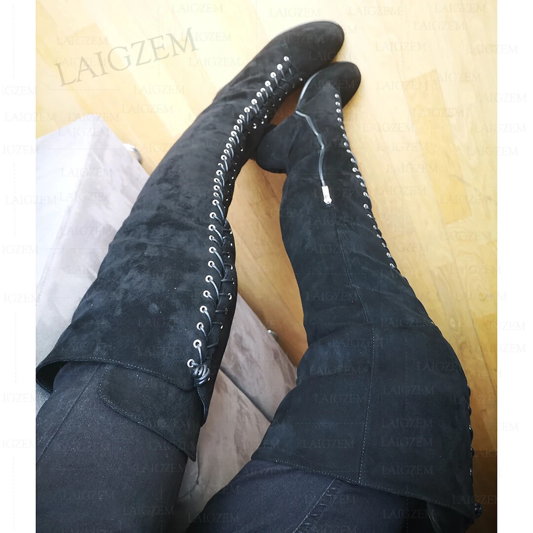 Women Boots Over Knee Round Toe Side Zip Low Heels Patchwork Wide Calf Friendly