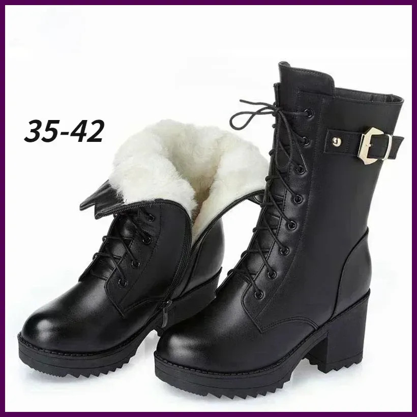 2025 Winter Leather Women Winter Boots Thick Wool Warm Women High-heeled Genuine