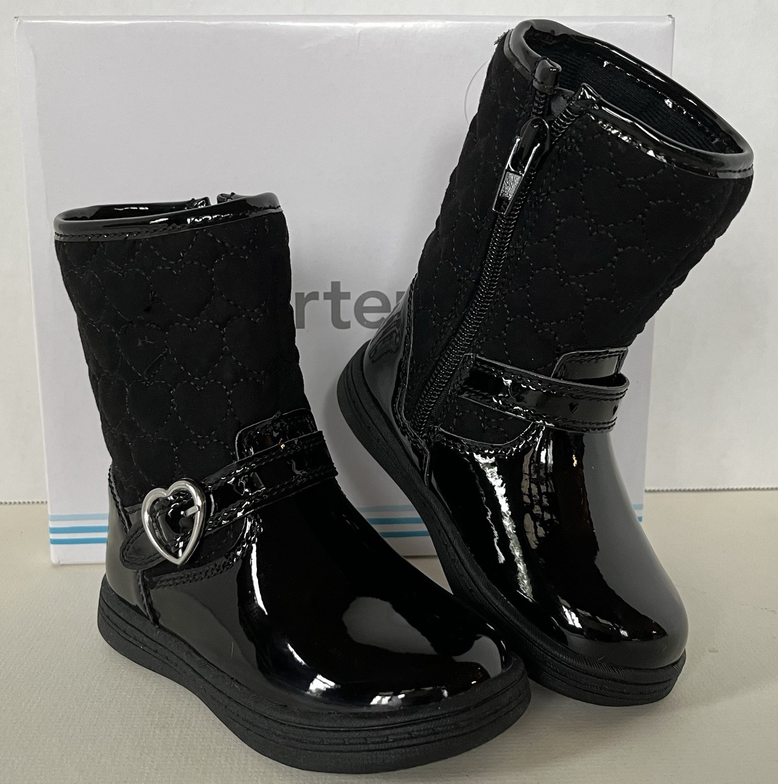 Carters Bonita Toddler Girls Boots Dressy Faux Black Patent Heart Accents 7T NIB
