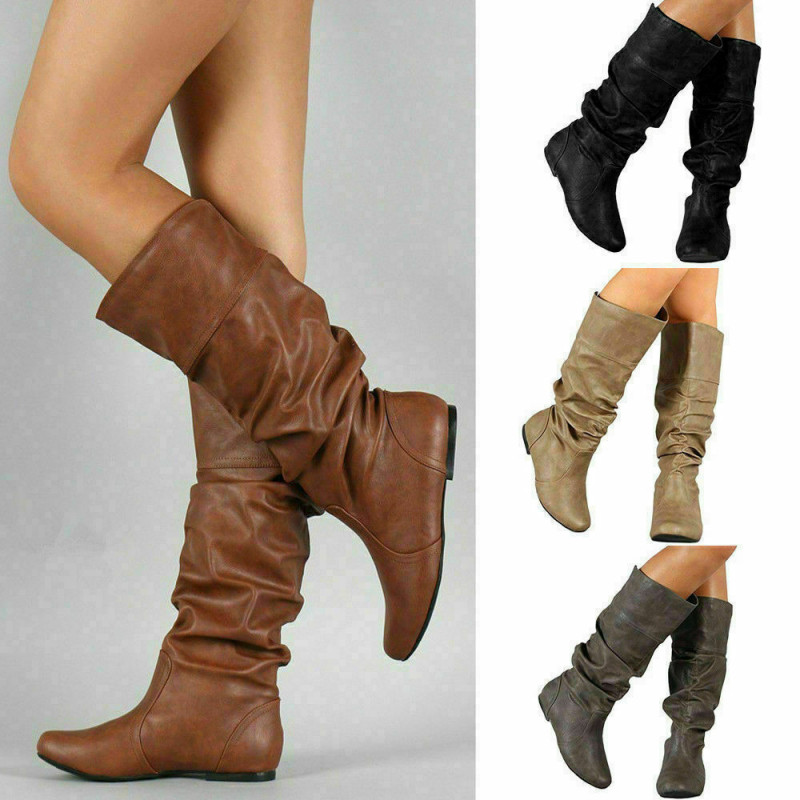 Women Mid Calf Slouch Boots Winter Wide Leg Stretch Flat Riding Comfy Shoes Size