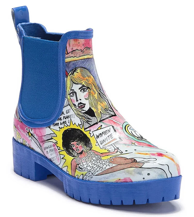 New Jeffrey Campbell Cloudy Chelsea Rain Women Boots – Power Comic Print  Sz.6 M