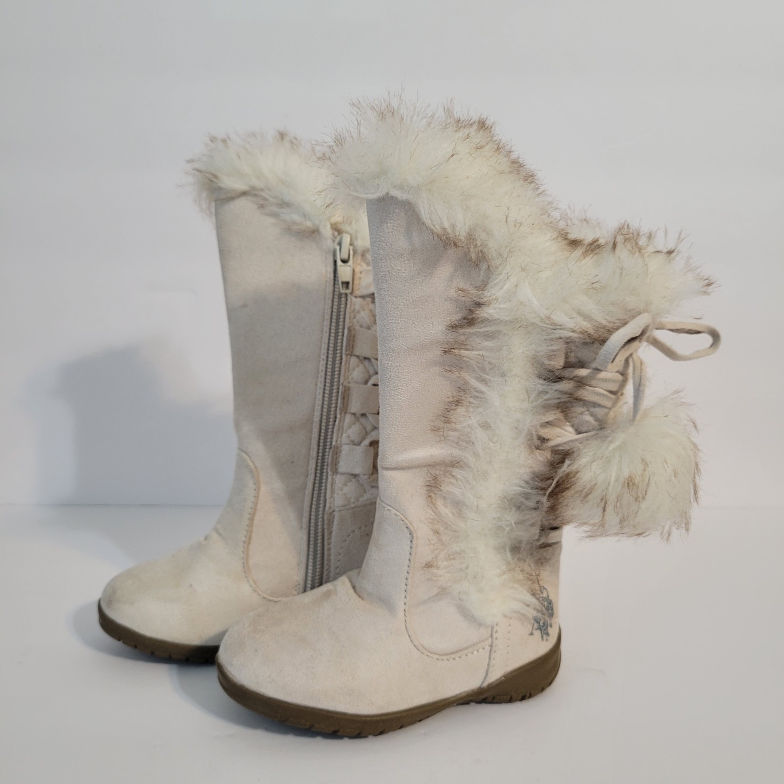 US Polo Assn Winter Boots Girls Winter Tan Faux Fur Pom Poms BRAND NEW Sz 5C