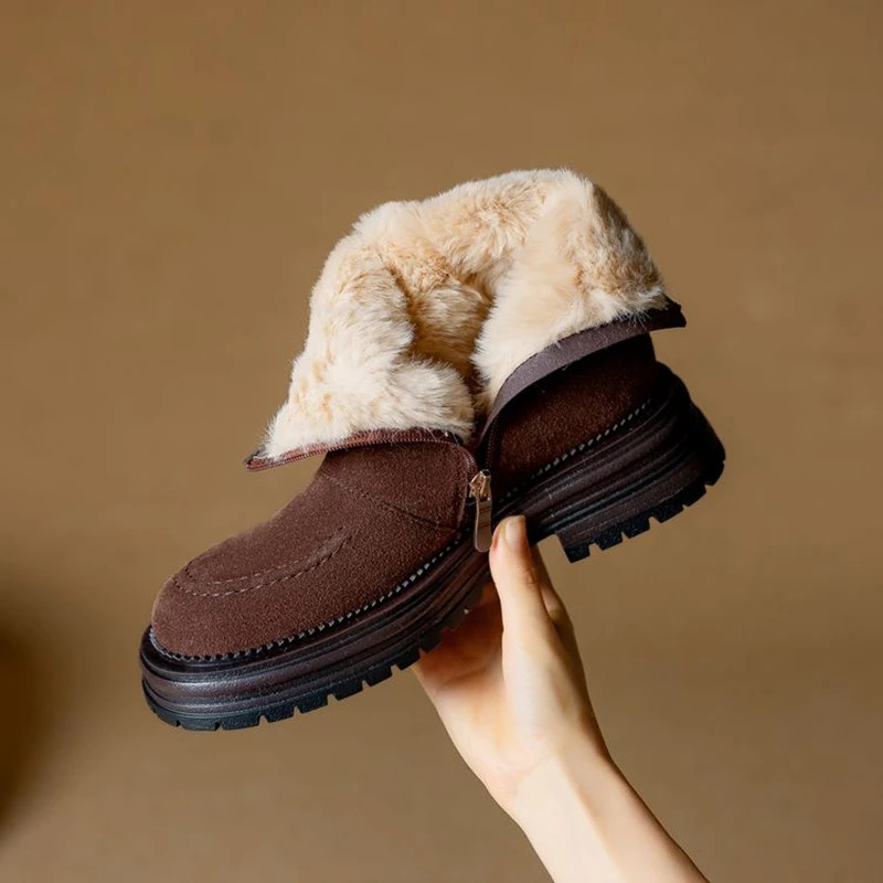 Winter Women Round Toe Chunky Heel Short Boot Casual Zip Plush Booties Shoes