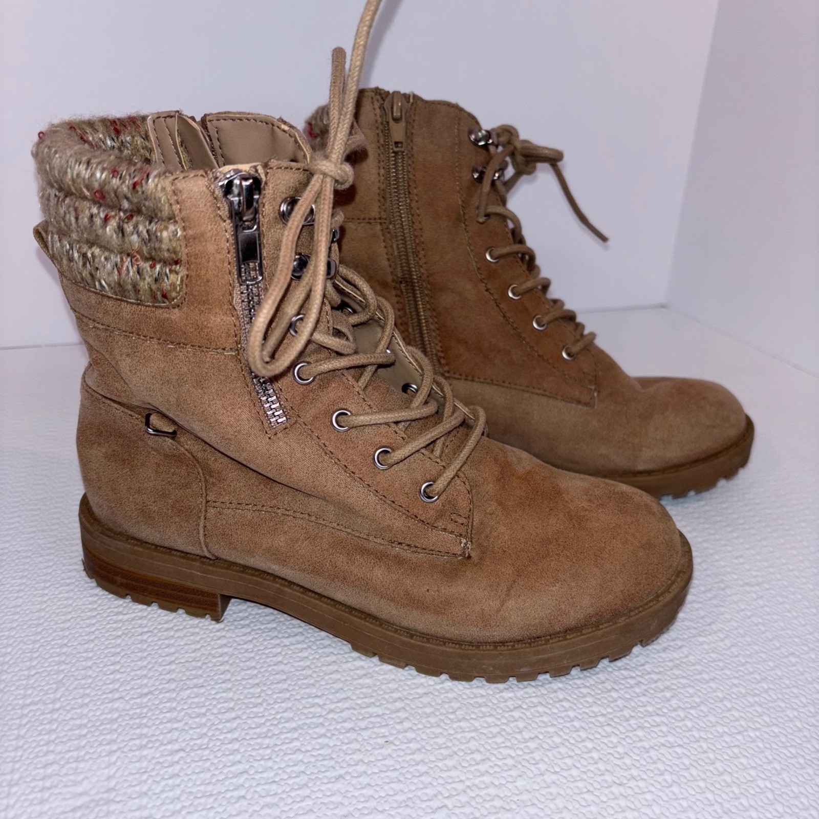 Sugar Tan Faux Suede Knit Cuff Up Zipper Ankle Combat Boots Kids 2
