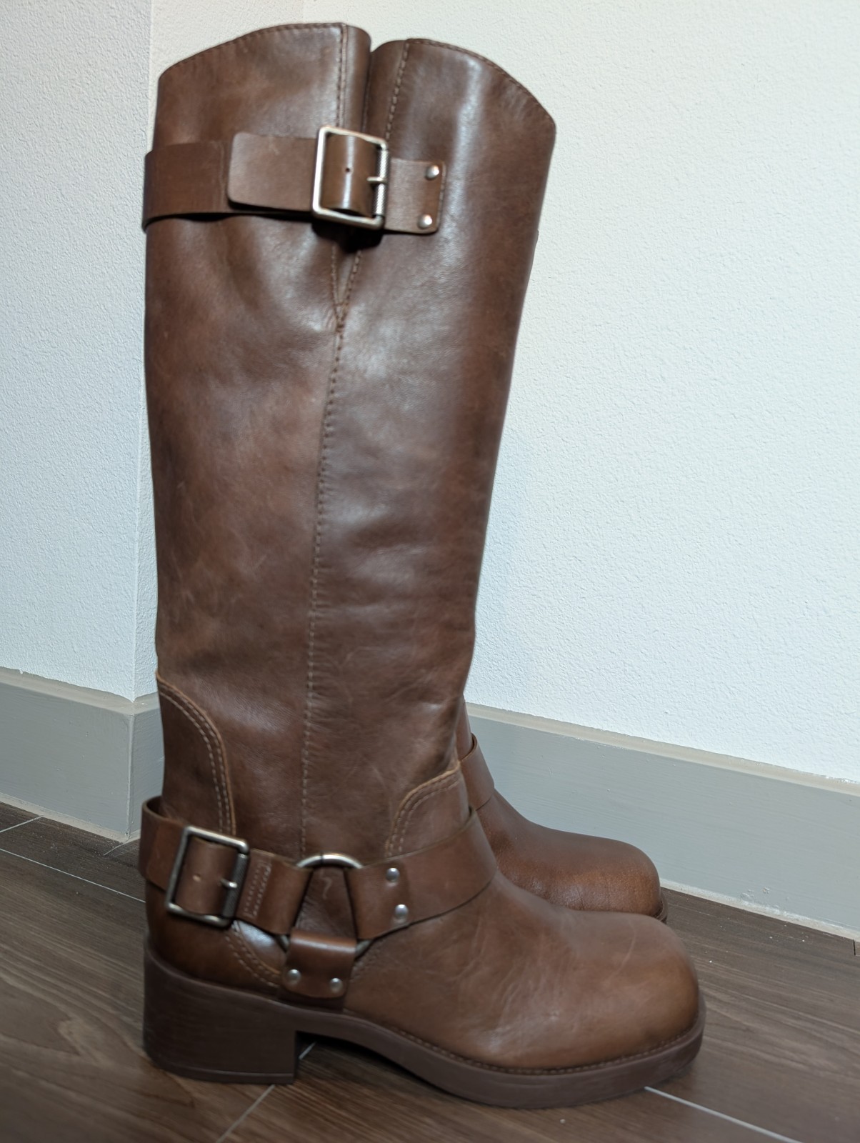 Arezzo Arezzo Women Boots 7.5M Clara Knee High Moto Buckle Low Block Heel Brown