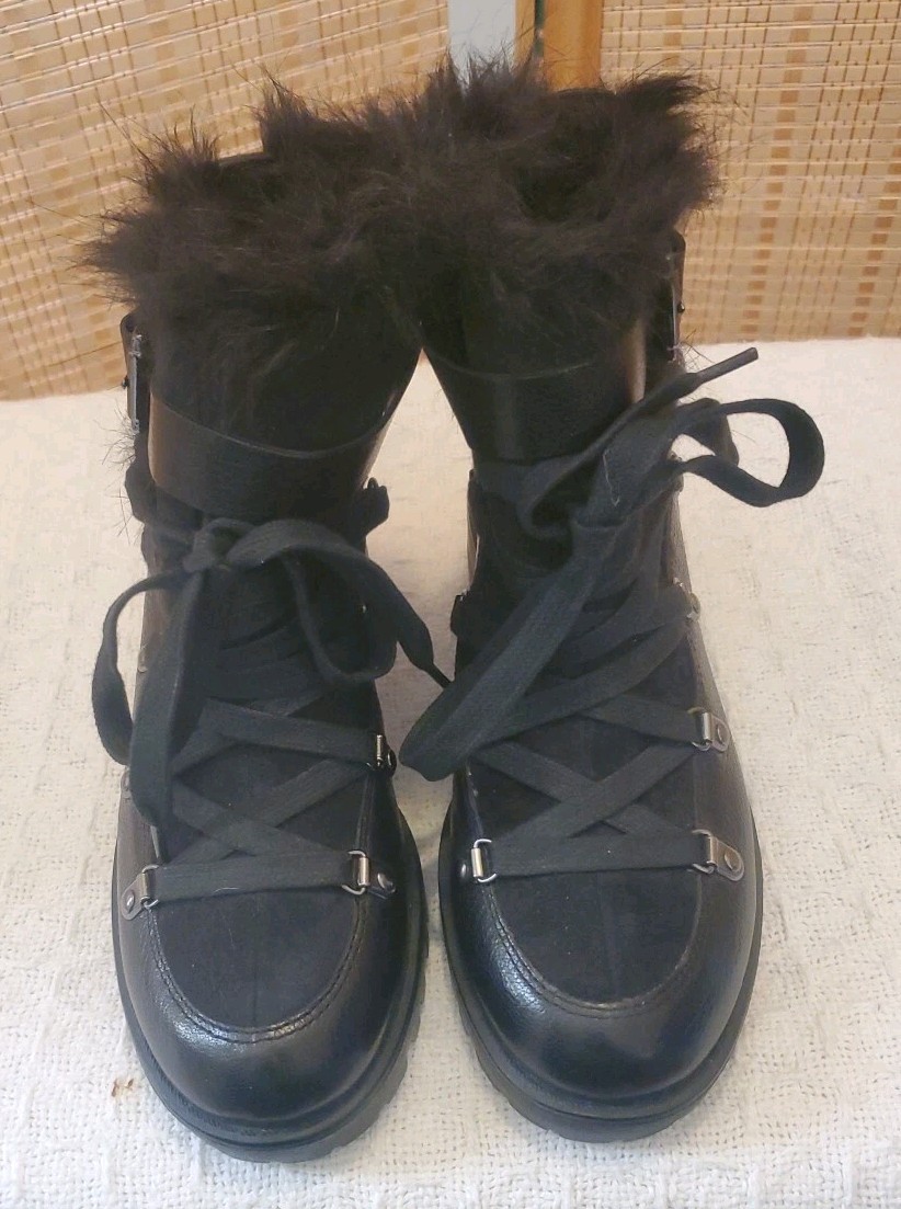 Nine West Big Girls Boots Size 5M Black Buckle Lace Up Block Heel Faux Fur