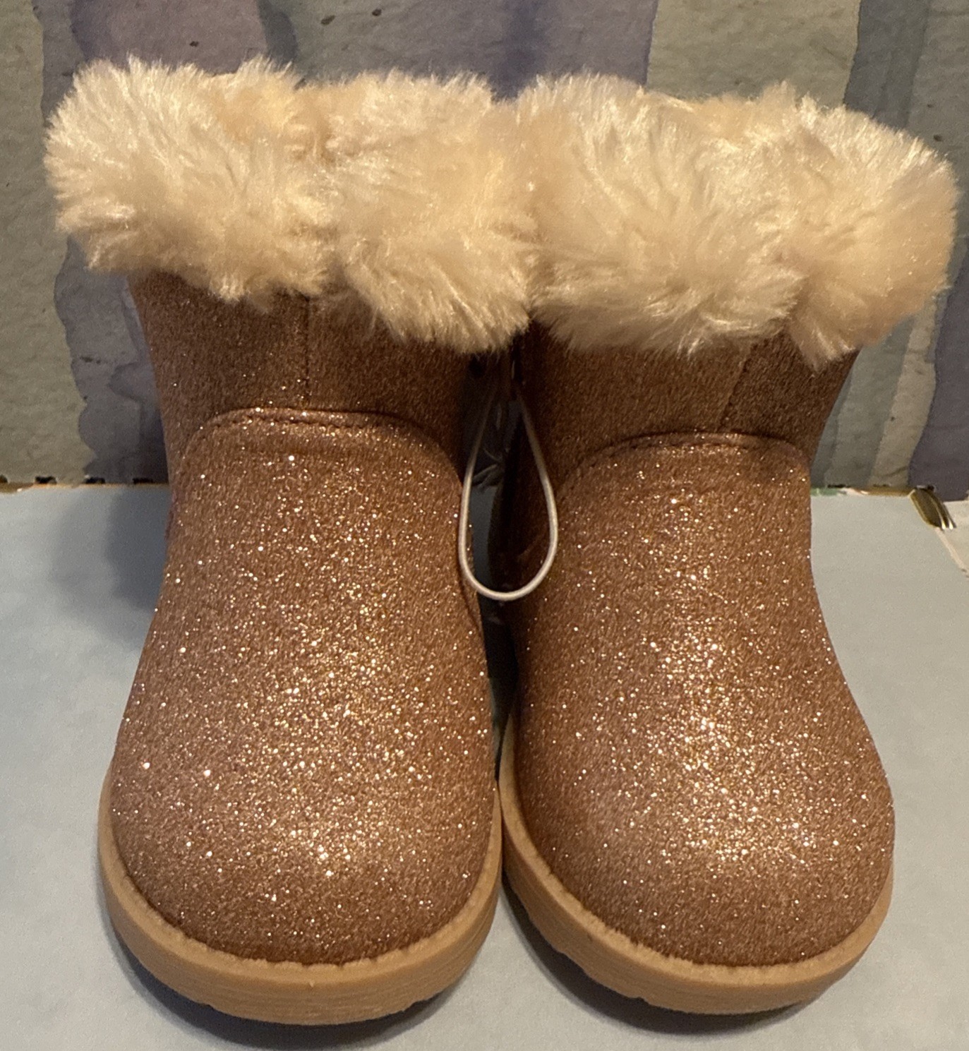 Cat & Jack NWT Oriole Rose Gold Glitter Zip Winter Boots Faux Fur Toddler Girls4