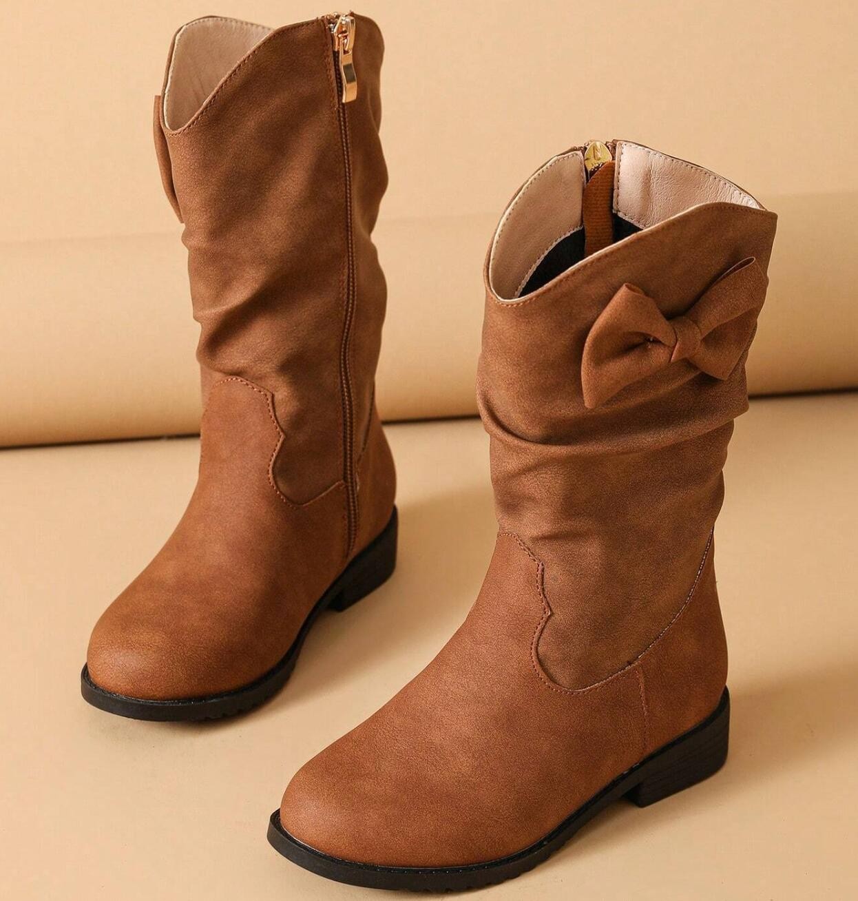 Brown Girls Boots Children Mid-Calf Bow Zipper Winter Boots Shoes