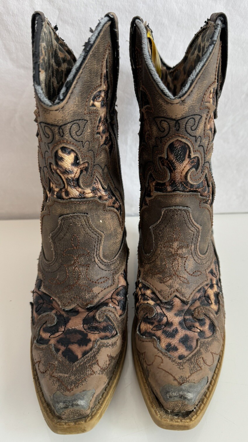 Laredo Girls Leopard Distress Inlay Leather Cowgirl Boots Childs Size 11.5