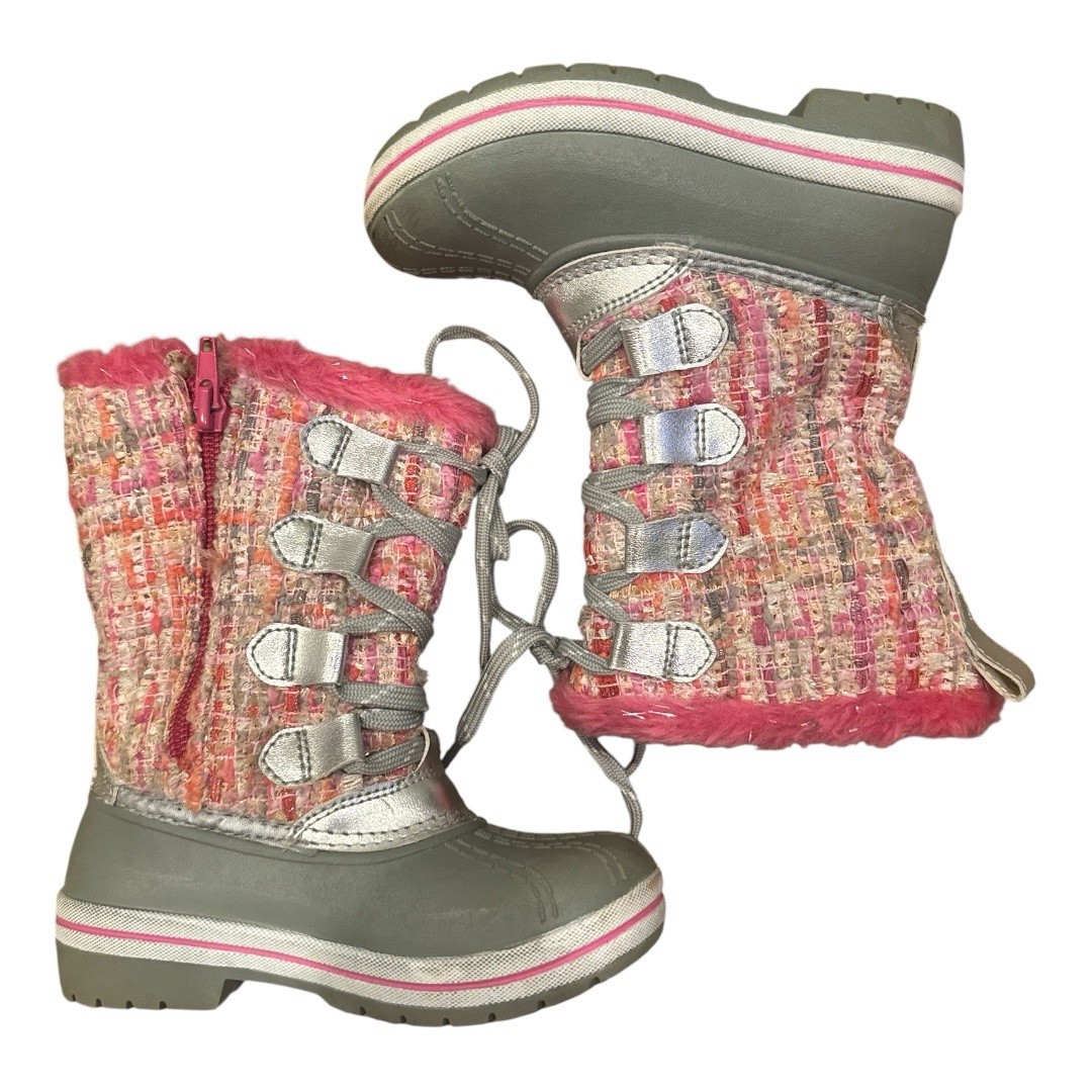 OZARK TRAIL Kids Girls winter boots Size 8 Pink Silver Plaid Faux Fur Lining