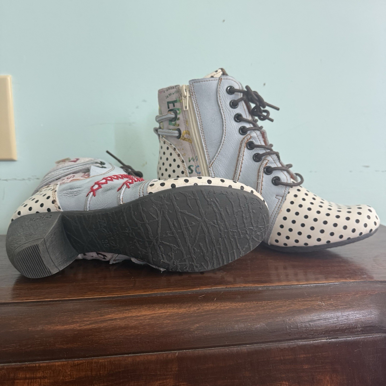 TMA EYES Polka Dot LEather Women Boots With Moccasin Hand Stitching Size : 8