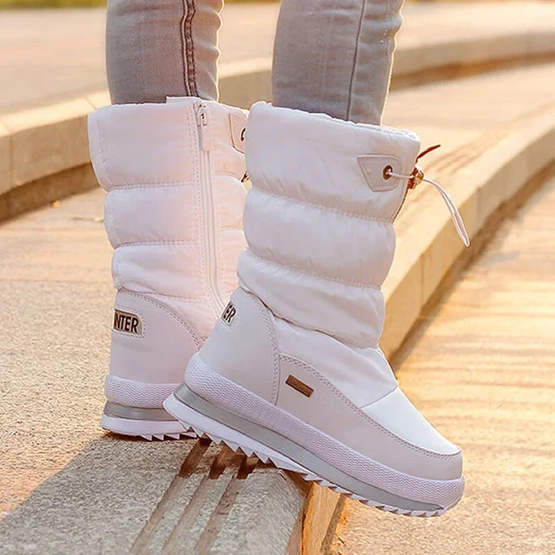 White Women Boots Winter Shoes Warm Plush Mid-calf Boots Waterproof Rubber.