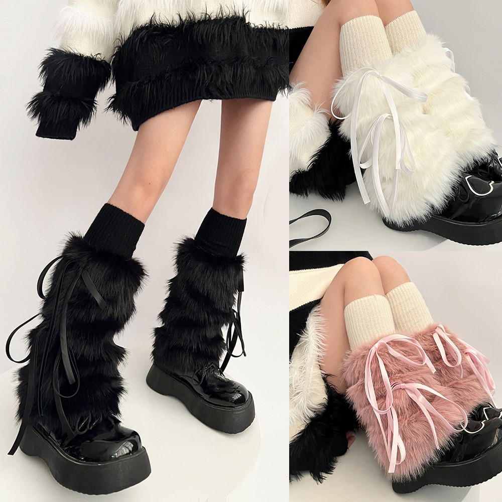 Faux Fur Leg Warmers with Tie Closure for Women Winter Boots Socks Cosplay