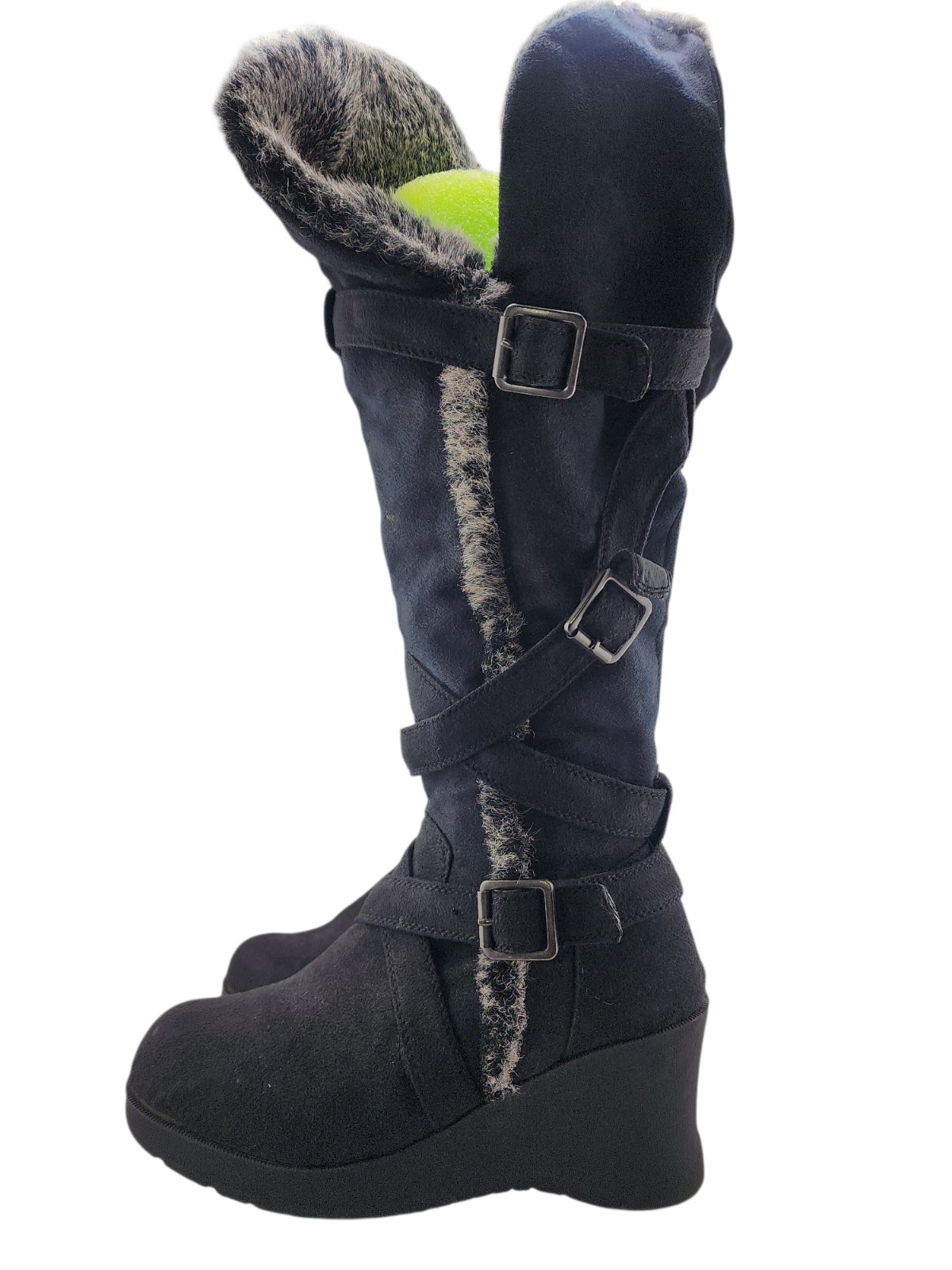 Unionbay Womens Black Faux Suede Wedge Boots Faux Fur Lined Buckle Knee High 6M