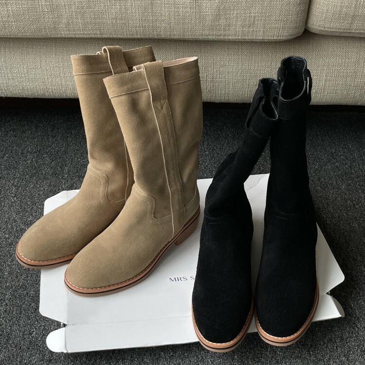 Women Suede Leather Round Toe Pull On Low Heel Mid Calf Western Boots Shoes Size