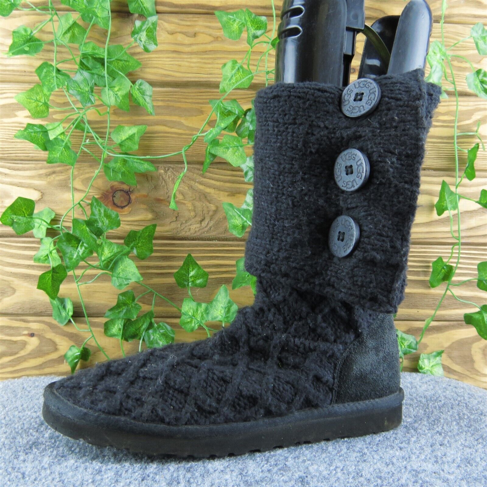 UGG Lattice Cardy Knit Women Winter Boots Black Fabric Hook & Eye Size 8 Medium