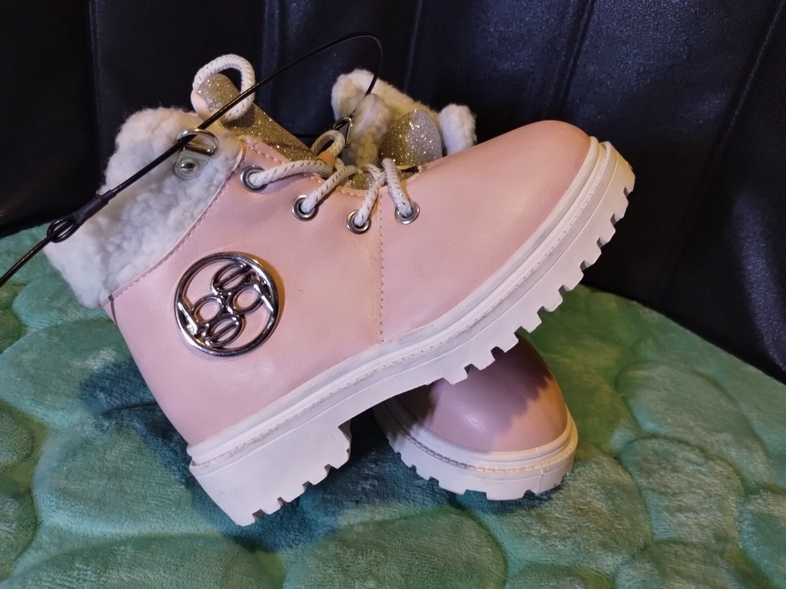 BABE Girls Boots Pink Sparkle Faux  Sheep Lined Lace Up Size 13