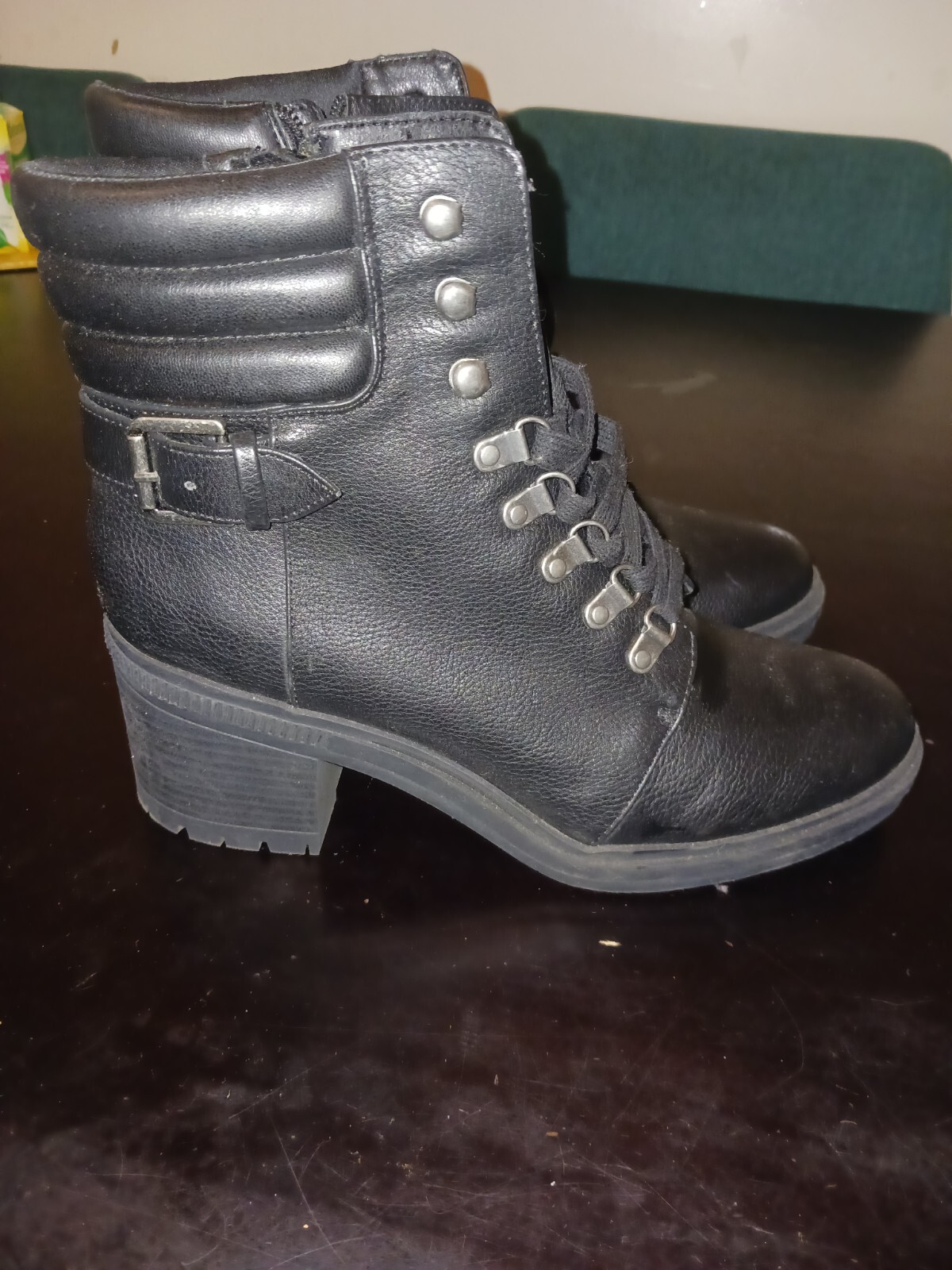 Black Leather Fall boots Biker Heel Platform women