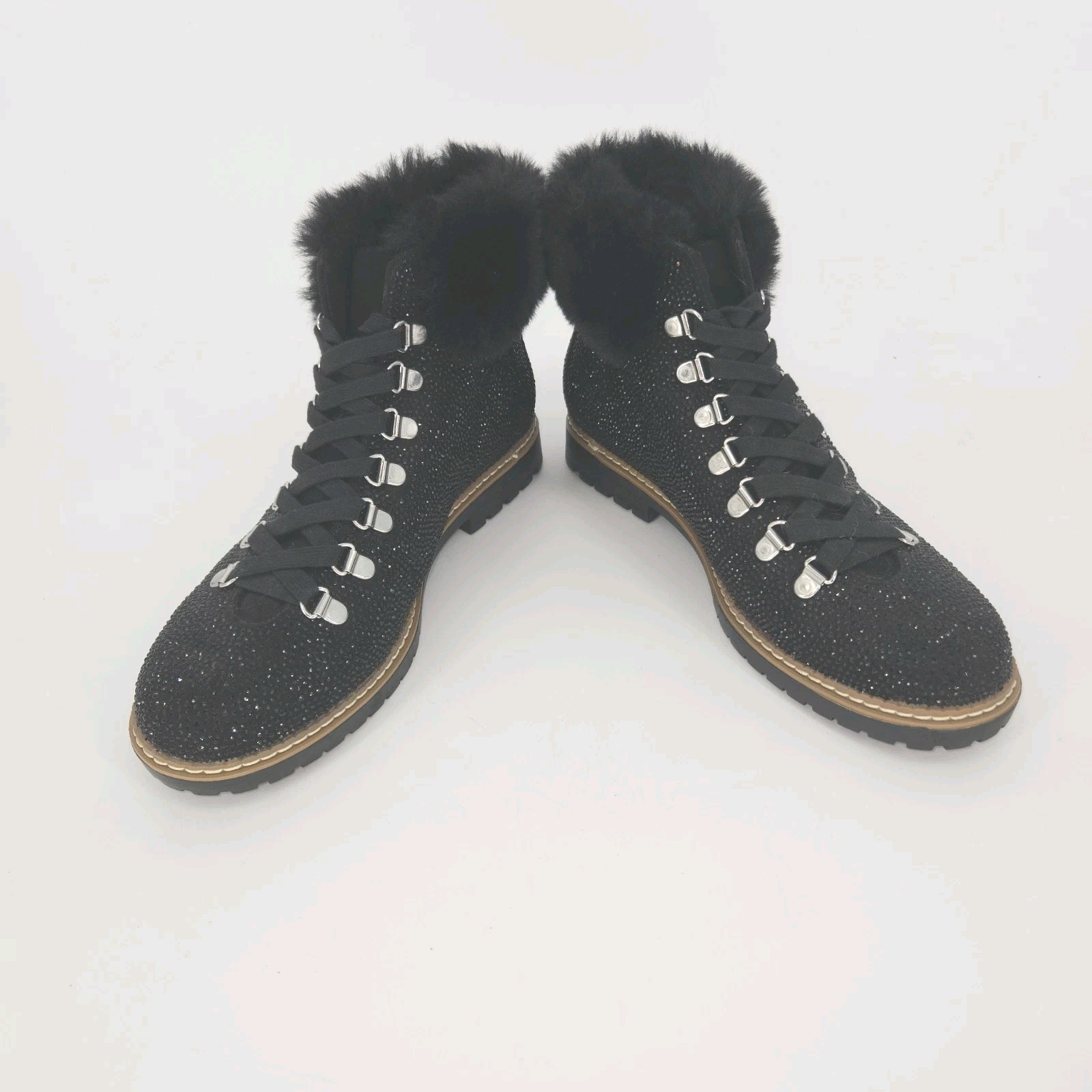 INC International Concepts Janeli Rhinestone Faux Fur Hiking Boots Black 10M EUC
