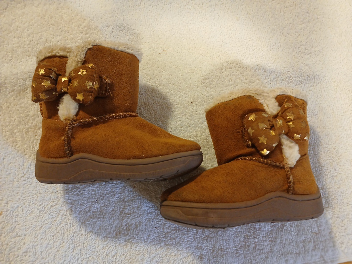 Garanimals Toddler Girls Boots Size 3 Brown Suede Fur Lined Side Bows Gold Stars