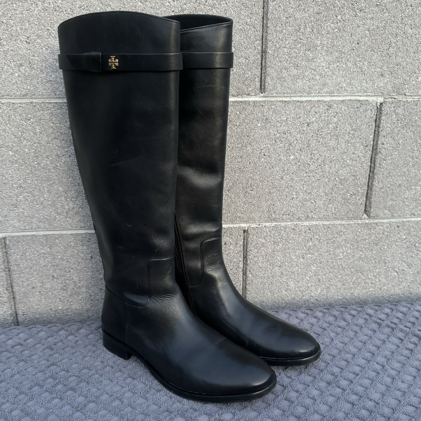 TORY BURCH EVERLY STRAP RIDING WOMEN BOOTS KNEE BLACK SIZE 9.5