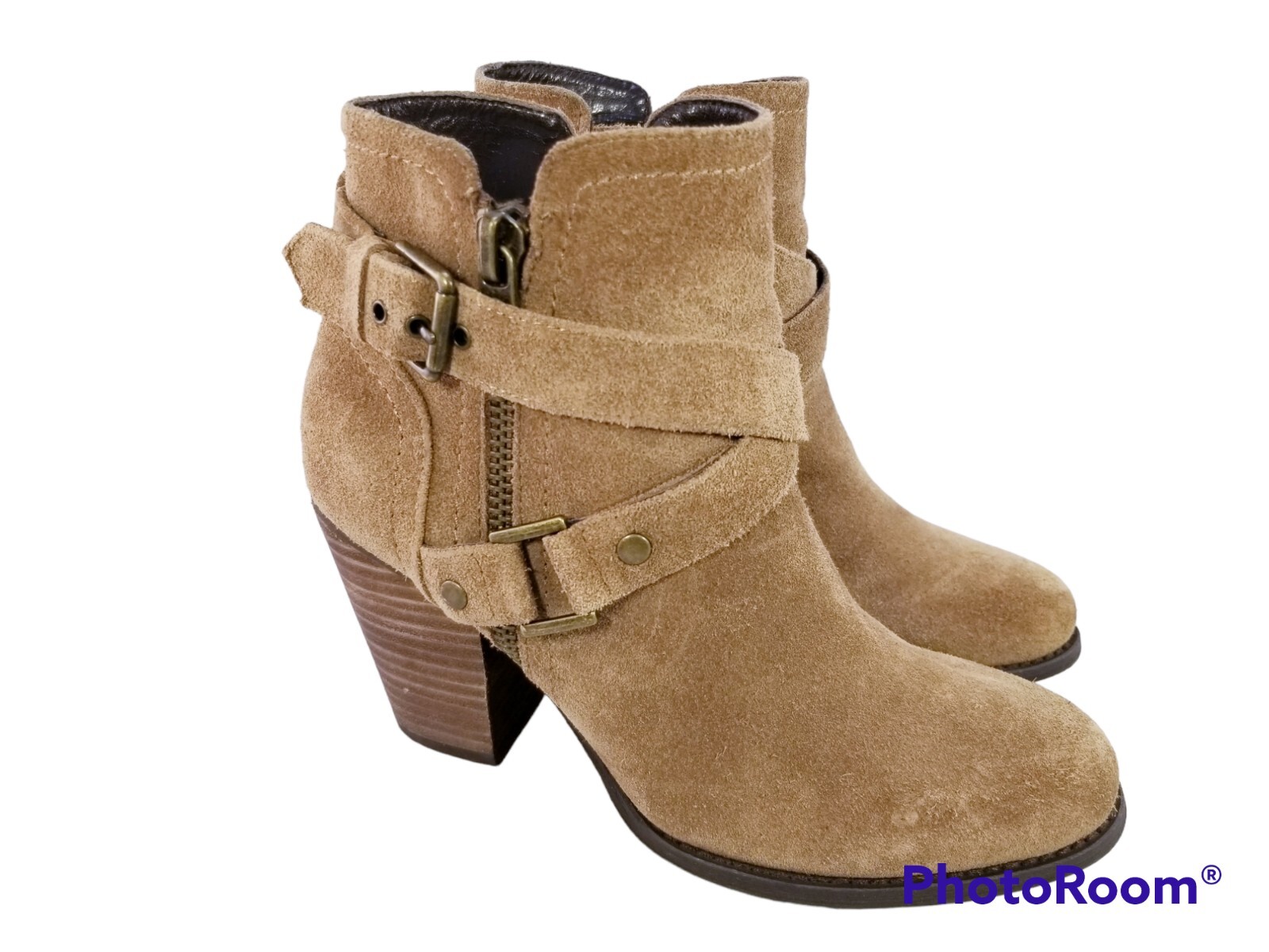 GUESS HARNESS BUCKLE BROWN SUEDE ANKLE CHUNKY ZIPPER WOMEN BOOTS SIZE 7M WGRULAA
