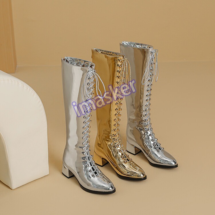 Women’s Lace Up Leather Pointy Toe Club Stage Kneehigh Boots Chunky Heels Boots