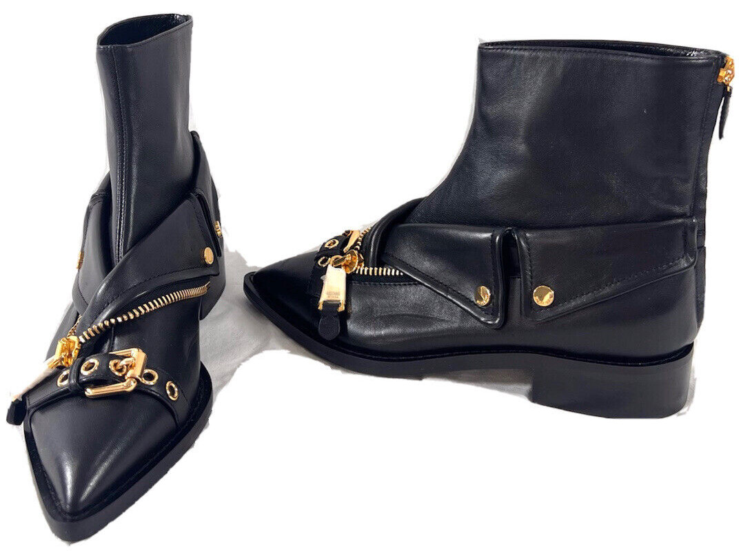 $1060 MOSCHINO Black Leather Ankle Biker Collar Zip Booties Women Boots 38 8US