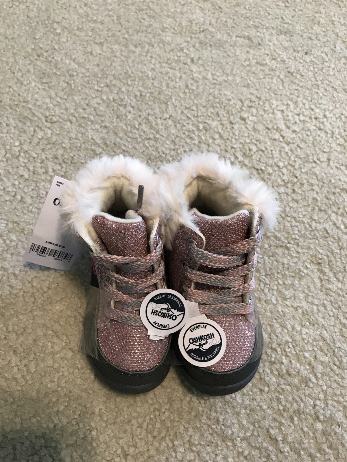 OSHKOSH B’GOSH Pink &Black Sparkle Fur Girls Boots SIZE 4Months