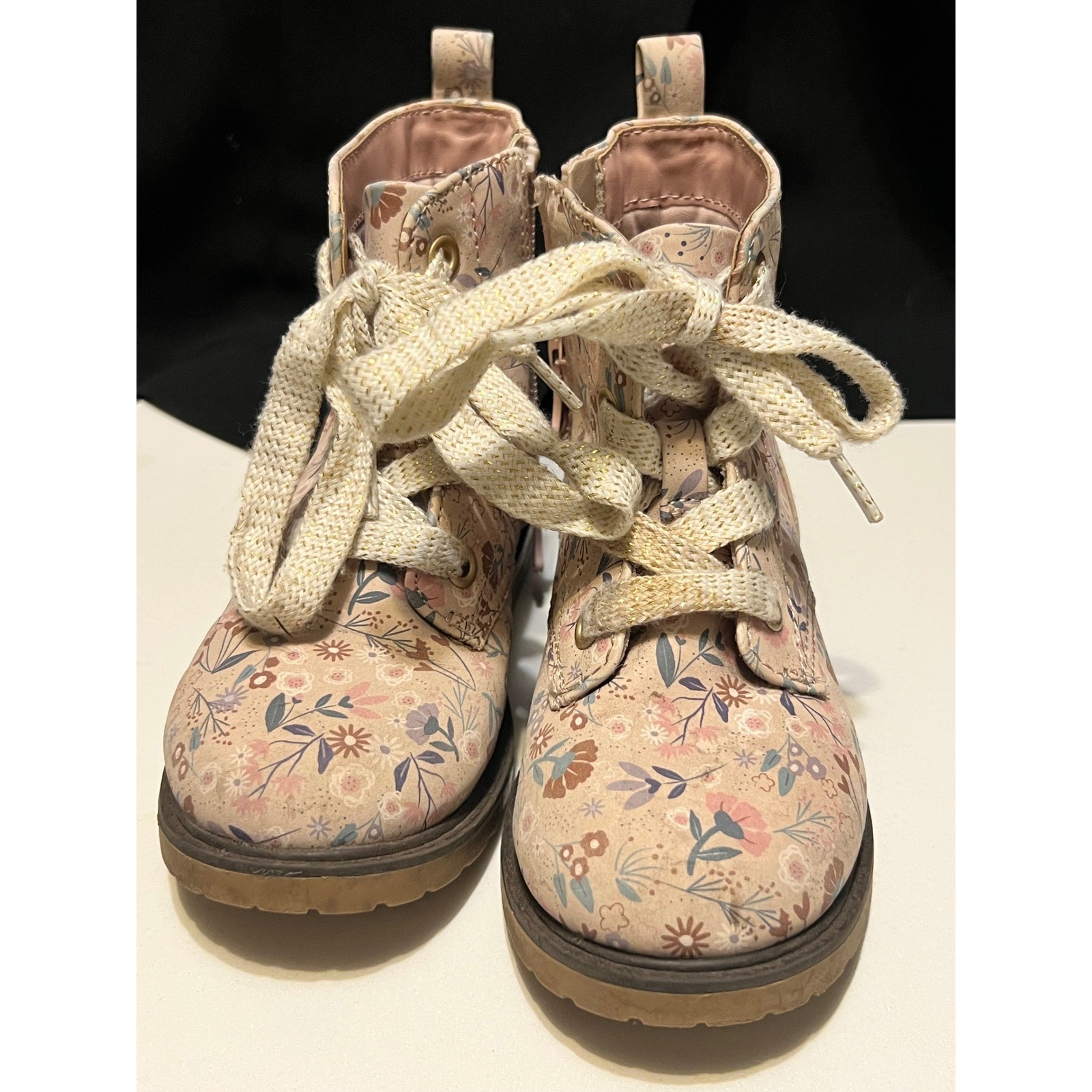 Cat and Jack Giovanna Toddler GirlsAnkle Combat Boots Pink Beige Floral Sz 10