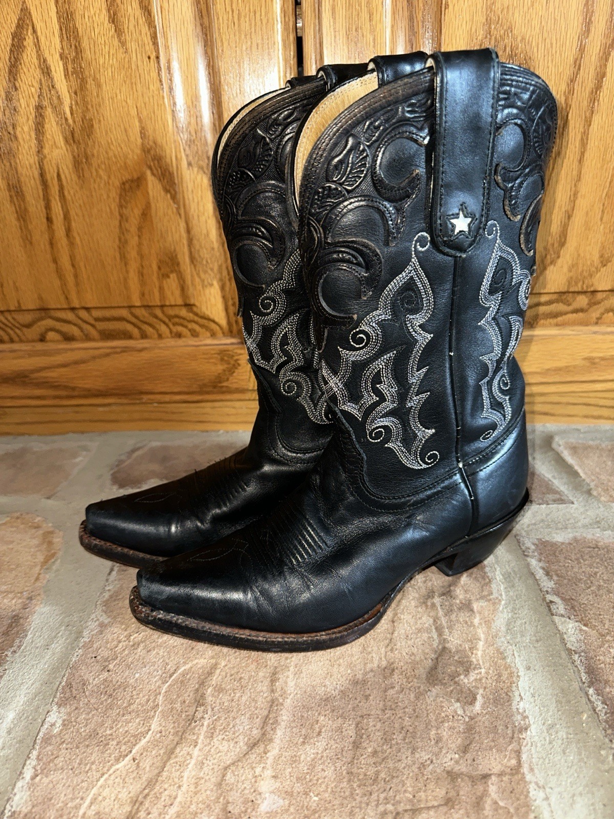 Tony Lama Women’s Black Western Cowboy Boots Size 6B Fancy Stitched Shaft Snip